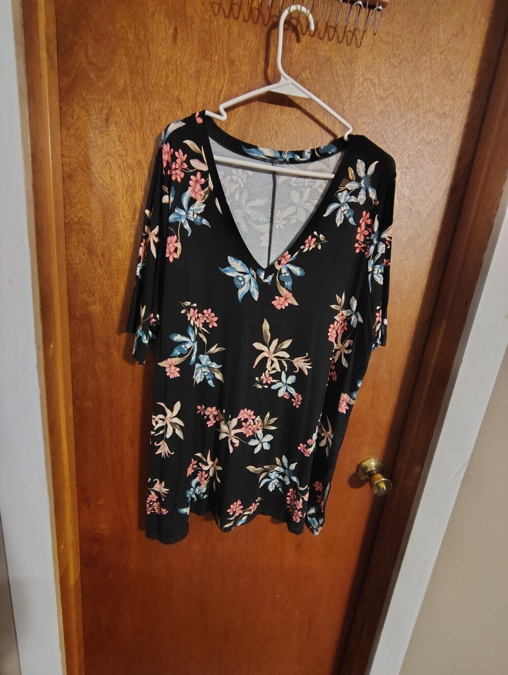torrid Black Floral V-Neck Tunic with Pink & Blue Blooms